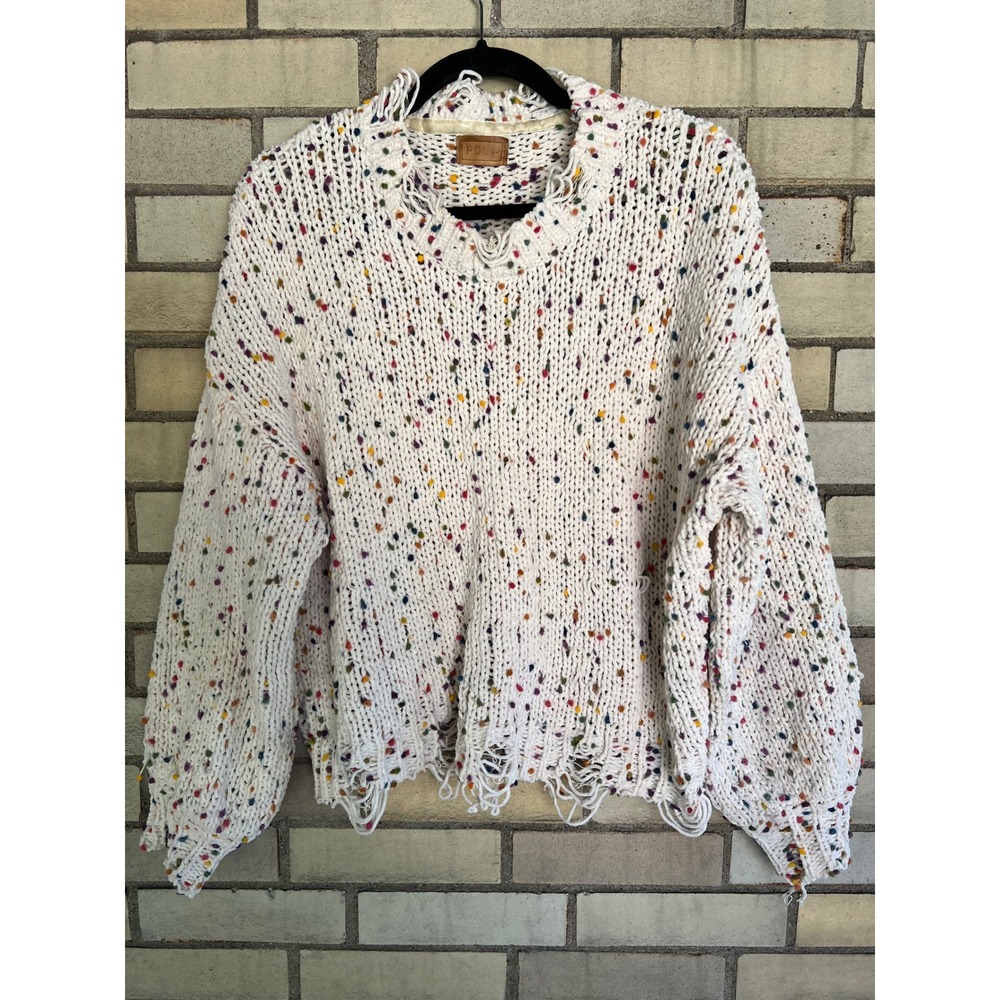 POL Confetti Knit Distressed Crewneck Sweater Multicolor White Size Medium